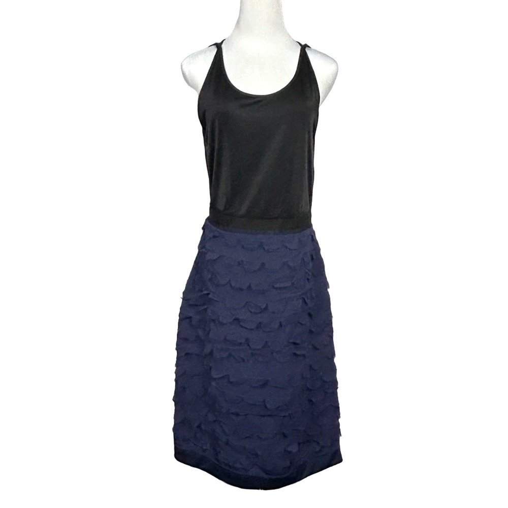 BCBGMaxazria Dress Women‎ 8 Midi Black Blue Scallop Tiered Stretch Colorblock